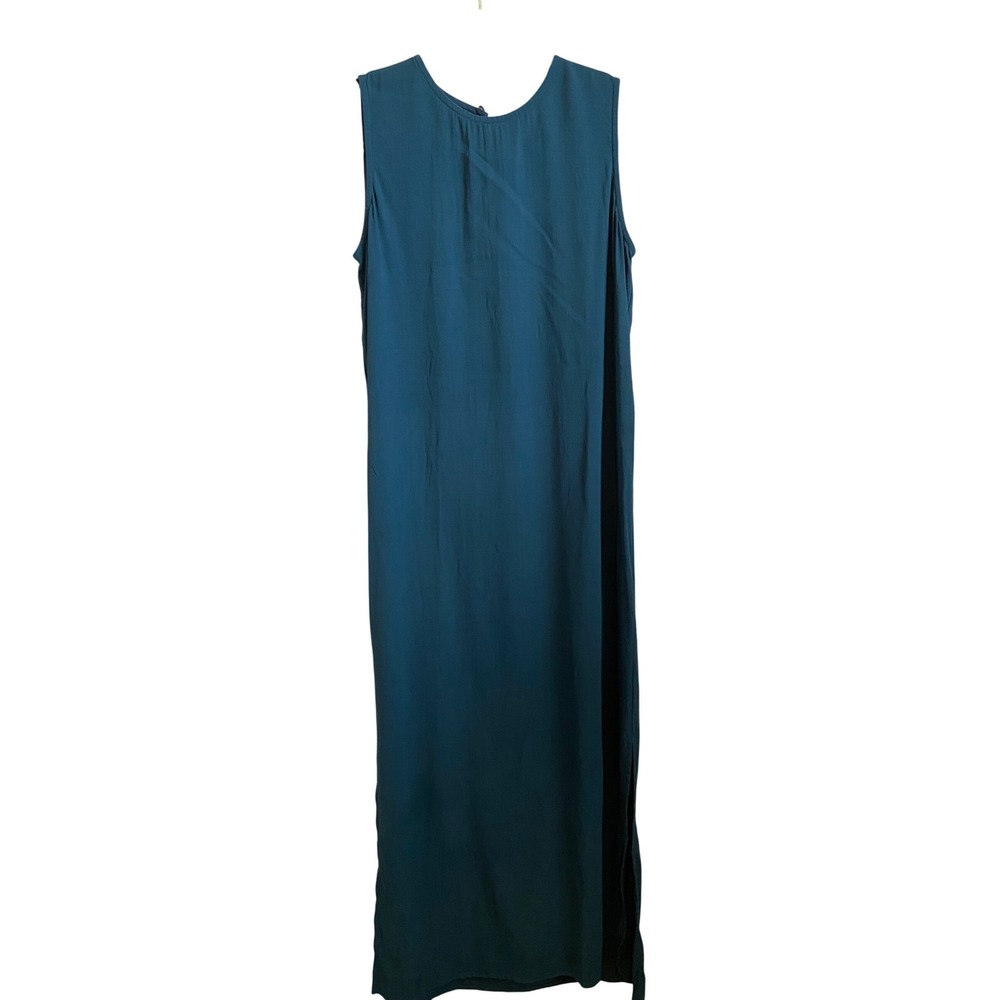 Eileen Fisher Teal Blue 100% Silk Sleeveless Maxi Dress Side Slit Size M 9904